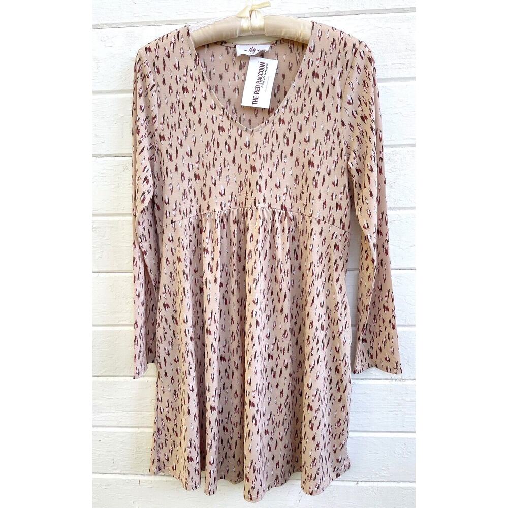 Red Racoon Dress S Beige Tan Prairie Cottage Stretch Knit Boho Western Knee NEW
